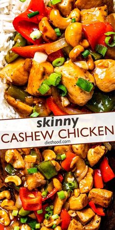 chicken stir fry with cashews and red peppers on top