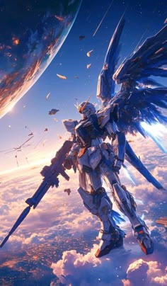 a sci - fi character standing in the clouds with his arms outstretched and wings extended