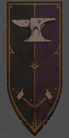 a shield with two swords and an eagle on the front is purple, gold and black