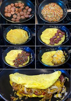 the process of making an omelet with sausages and hash browns