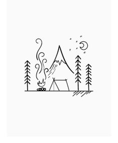 a drawing of a tent in the woods with mountains and trees around it, on a white background