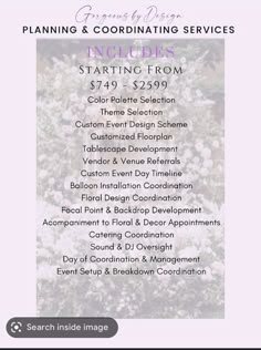 a flyer for an event with white flowers