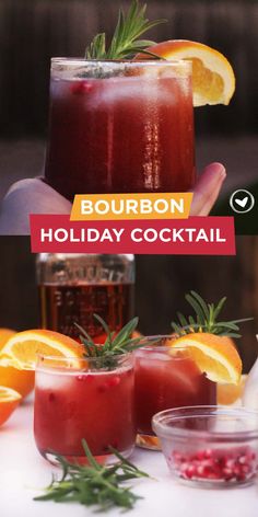 bourbon holiday cocktail with oranges and rosemary garnish in the foreground, surrounded by other drinks