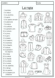 the spanish language worksheet for children to learn how to read clothes and clothing