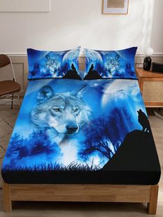 a bed with two wolfs in the night sky