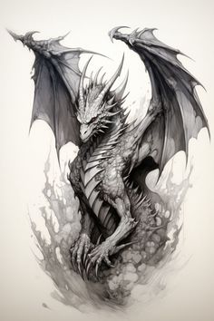 a black and white drawing of a dragon