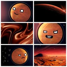 four different pictures with faces and planets in the background