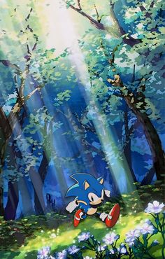 sonic running through the woods in front of some trees and flowers with sunlight shining down on them