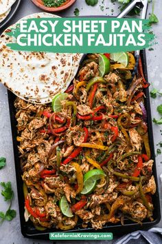 an easy sheet pan chicken fajitas recipe with peppers and onions