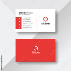 a business card with a hexagonal logo on the front and bottom, in red