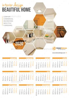 the interior design beautiful home calendar is shown in orange and white, with hexagonal shapes