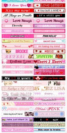 many different types of stickers with words on them and hearts in the middle one is pink