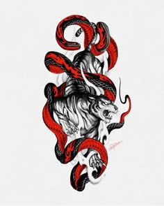 a red and black snake tattoo design on a white background with the word snakes written in it