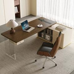 an office desk with a laptop on it and a bookcase in the corner behind it