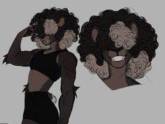 an animated drawing of a woman with curly hair wearing black clothing and holding her hand on her head