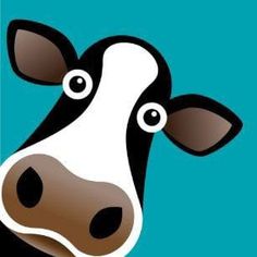 a black and white cow's head is shown on a blue background