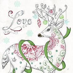 a drawing of a deer with christmas decorations on it's antlers and the word love