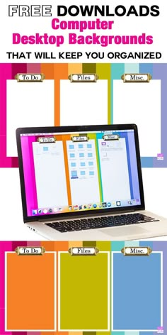 an open laptop computer sitting on top of a colorful background with text overlaying the image