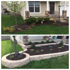 two pictures of landscaping in front of a house