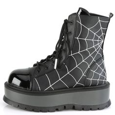 2" Platform Lace Up Gothic Combat Ankle Boots. Featuring Embroidered Spider Web Detail. Styles: Goth Punk Moto Alternative Festival Cals-88 Spider Shoes, Demonia Boots, Alternative Shoes, Demonia Shoes, Festival Shoes, Dr Shoes, Web Detail, Vegan Leather Boots, Punk Boots