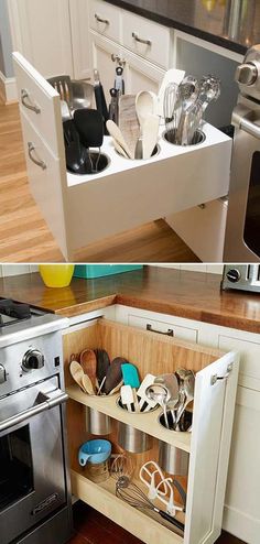 two pictures of the same kitchen drawer with utensils in it