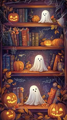 halloween bookshelves with pumpkins and ghost faces