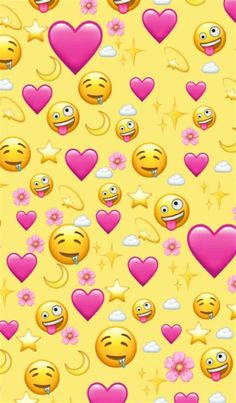 many different smiley faces and hearts on a yellow background with pink flowers, stars and clouds