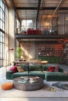 The Contemporary Loft Living Room showcases an open-plan layout in a loft apartment, maximizing urban views with industrial windows. Minimalist furniture, strategic accents, and a focus on social flow define this space. Tap here for more on crafting a modern loft living room. Loft Apartment With Library, Tribeca Loft Interior Design, Industrial Appartement Loft, Apartment Industrial Decor, Industrial Jungle Interior, Art Deco Loft Apartment, Industrial Design Homes, Loft Flat Interior Design