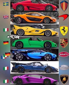 four different colored sports cars are shown in this poster