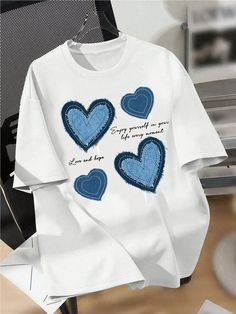 Plus Size Women Heart Graphic T-Shirt Casual Simple Crew Neck Short Sleeve Loose Pullover Tees For Summer, For Thanksgiving White Casual  Short Sleeve Knitted Fabric Geometric,Heart,Letter,Slogan  Slight Stretch  Women Plus Clothing, size features are:Bust: ,Length: ,Sleeve Length: Heart Letter, Geometric Heart, Heart Graphic, 자수 디자인, Loose Pullover, Heart Shirt, Tees For Women, Inspiration Mode, Oversized Tee