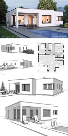 three different views of a house with the floor plan and elevation details on each side