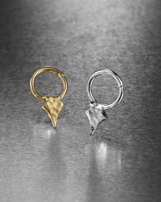 two gold and silver rings sitting on top of a metal surface, one with an animal's head in the middle