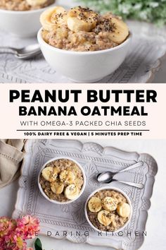 two bowls filled with banana oatmeal on top of a tray