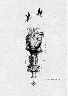 an ink drawing of a human heart on top of a statue with birds flying around