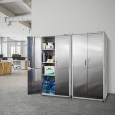 two metal storage cabinets in an office building