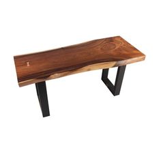 a wooden bench sitting on top of a metal frame base with black legs and wood grain