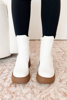 Color: White, Brown Faux Leather Uppers Style: Chelsea Booties Rounded Toe Side Elastic Panel Inner Ankle Zipper 1" Platform Lug Sole 3" Block Heel Runs True To Size Launched: 7/28/24 White Combat Boots, Buy Boots, Lantern Sleeve Sweater, Heeled Chelsea Boots, Cardigan Sweaters For Women, Lug Sole, Lantern Sleeves, Platform Heels, Chelsea Boots