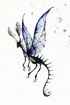 a drawing of a dragon with spikes on it's back legs and wings flying through the air