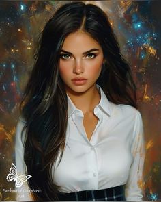 a painting of a woman with long dark hair and blue eyes wearing a white shirt