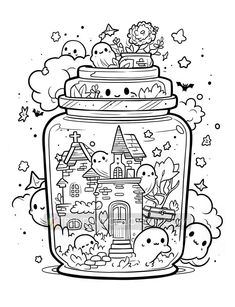 a jar filled with lots of cute little monsters and houses in the sky, surrounded by clouds