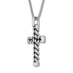 Crafted of stainless steel, this distinctive men's cross necklace features a curb chain design. The 24-inch box chain fastens with a lobster clasp. Silver Cross Chain For Men, Silver Cross Curb Chain Necklace, Silver Curb Chain Necklace With Cross Pendant, Silver Cross Necklace With Curb Chain, Silver Cross Chain Necklace With Curb Chain, Stainless Steel Cross Necklace With Curb Chain, Stainless Steel Cross Pendant Chain Necklace, Silver Cross Chain, Chain Cross Necklace