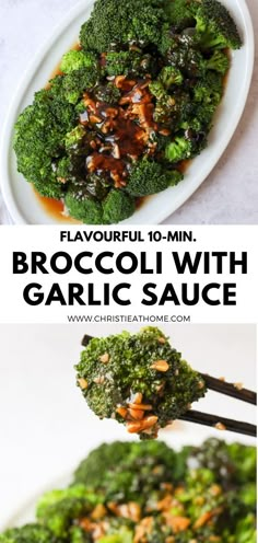 broccoli with garlic sauce is shown on a white plate and in a bowl