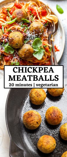 chickpea meatballs in a skillet with spaghetti and vegetables on the side