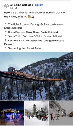 an image of a train going over a bridge in the snow and people walking around