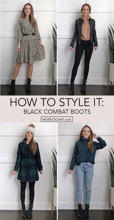 combat boot outfit ideas Boots On Dress, Outfit Ideas With Boots Casual, Combat Shoes Outfit, Styling Black Combat Boots, Outfit Ideas With Black Boots, Combat Boot Work Outfit, Combat Boots Outfit Work, Rainy Day Lunch Outfit, Casual Black Combat Boots For Fall