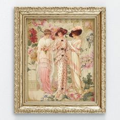 a painting hanging on the wall with three women in it's gold framed frame