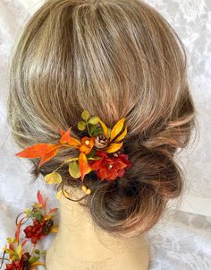 "~~EACH PIN SOLD INDIVIDUALLY~~ Fall hair pins in burnt orange and mustard yellow with all that warm autumn greenery! These carefully detailed hair pins would make lovely gifts for your maids or flower girls. There are those darling mini pine cones and gold colored pearl beads for just the right accent! Choose 2 or 3 and make your own floral headpiece for your wedding day splendor! The floral portion of each pin measures about 4\". To view full crowns and wreaths: https://www.etsy.com/shop/ThePe Fall Wedding Rustic, Orange Flower Crown, Flower Girl Hair Accessories, Winter Wedding Hair, Flower Girl Hair, Fall Wedding Hairstyles, Yellow Autumn, Rustic Wedding Hairstyles, Bridesmaid Hair Pins