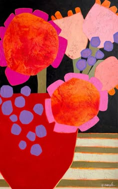 a painting of flowers in a red vase