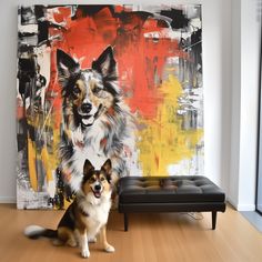 a dog sitting in front of a painting on the wall next to a black ottoman