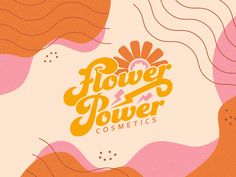 the logo for flower power cosmetics is shown in orange and pink colors with wavy waves